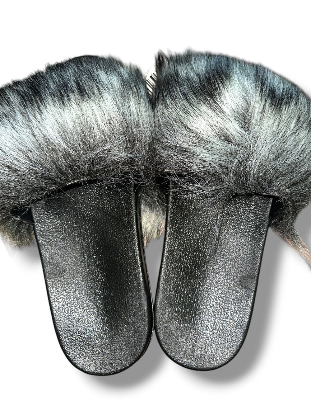 NEW IN PACKAGE SZ 10 or 11 Faux Fur Slide Sandals in Black and Gray SEE PICS